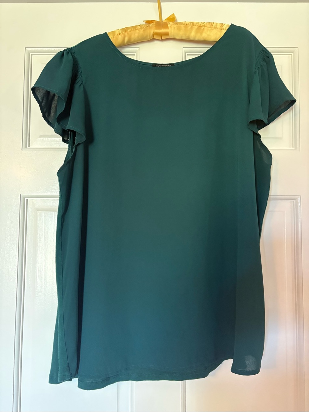 Papermoon Mixed-Material Teal Green Flutter Sleeve Blouse